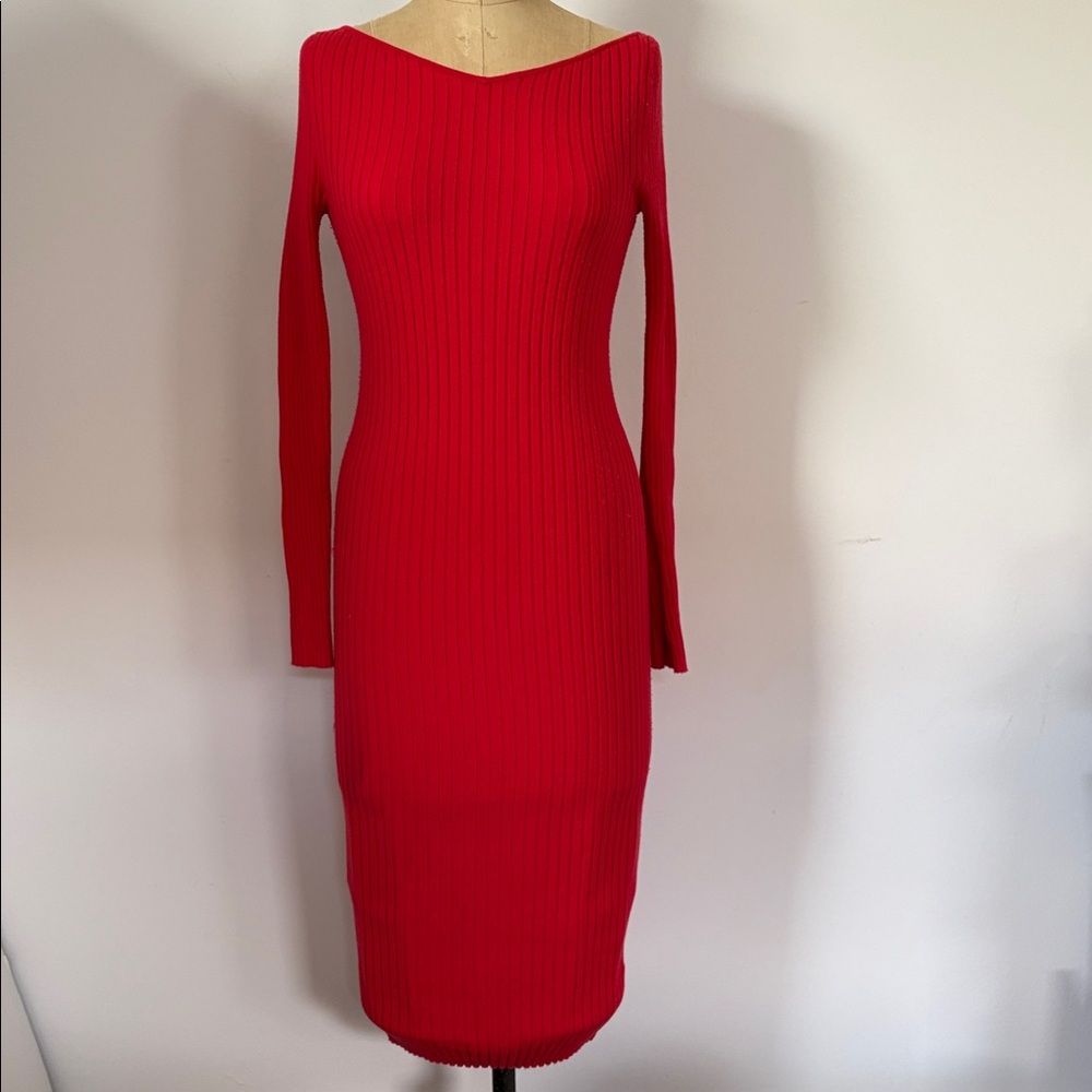 H&M Ribbed Knit Bodycon Elegant Red Off-Shoulder Dress XS